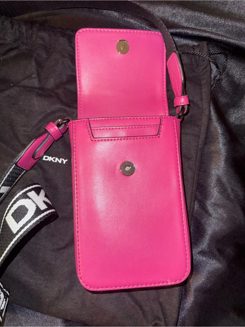 DKNY Hot Pink Crossbody Phone Bag with Branded Black Strap